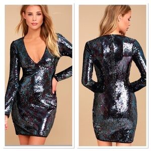 Lulus Lookin' Slick Black Multi Sequin Long Sleeve Bodycon Dress